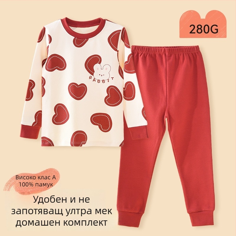 Детски пижамен комплект – 95% памук, 5% спандекс, антибактериален, есенно-зимен сезон, унисекс, стил принцеса, анимационен принт