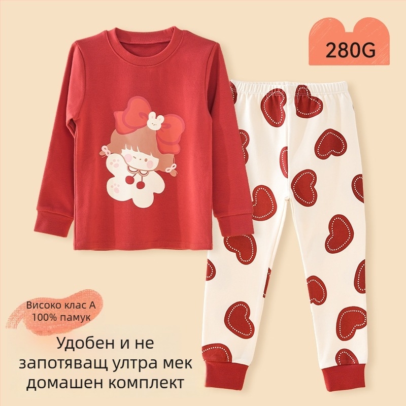 Детски пижамен комплект – 95% памук, 5% спандекс, антибактериален, есенно-зимен сезон, унисекс, стил принцеса, анимационен принт