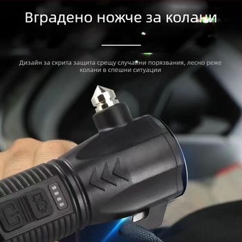 TANJE многофункционален спасяващ чук за пробиване на прозореца, COB светлина + 3W LED, презареждаща се работна лампа и аварийно фенерче, 360° въртене, батерия 800 mAh, обхват 200–500 m