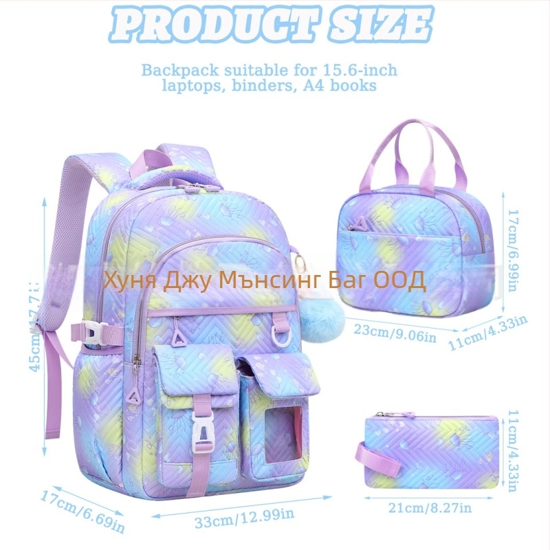 Раница с колелца за момичета за начално и средно училище – лек 3-частен комплект, Oxford плат, дишаща и водоустойчива, против кражба, презрамки с въздушна подложка, модел 9269, аниме принт, пролет 2025