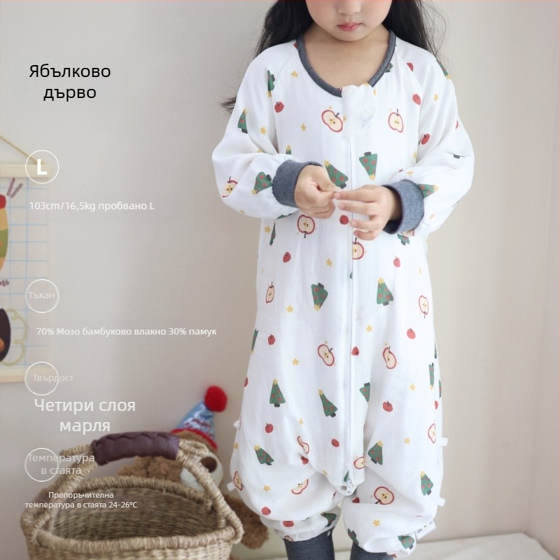 Спален чувал за бебета и деца, четири слоя бамбуково‑памучна тъкан (материал и подплата: 70/30), възрастова група 0–6 години, пролетно‑есенен, карикатурен дизайн, извлича влагата