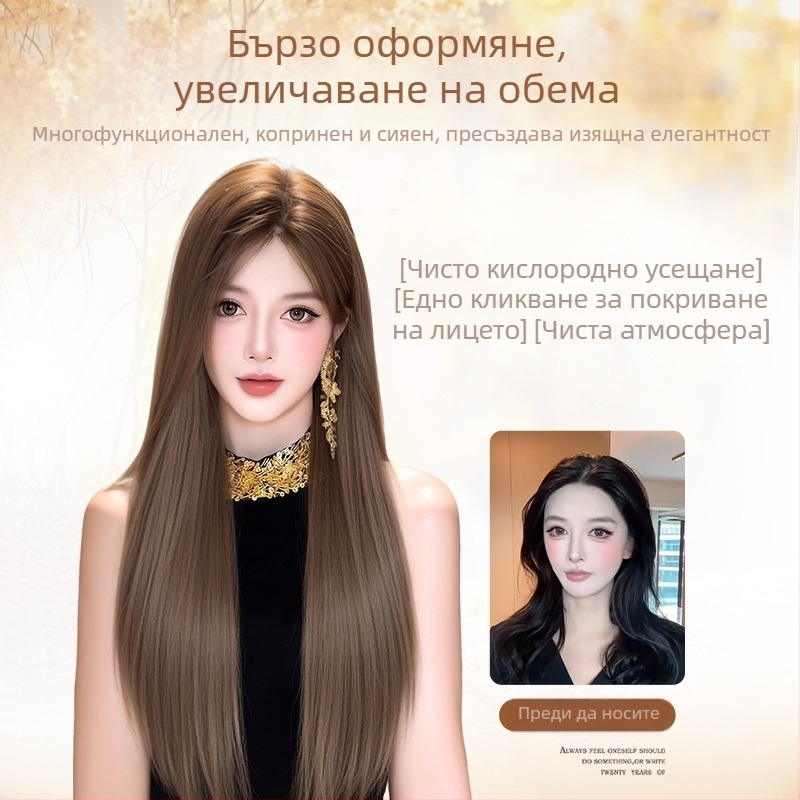 Дълга права перука с бретон, корейски стил, модел 9001, влакна с висока топлинна устойчивост, конструкция с механизъм