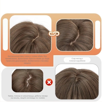 Перука: дълга права коса с прави челки, естествен вид, коса от високотемпературна коприна, не боядисваема