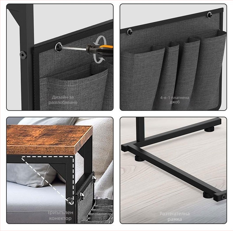 Ъглова метална маса с квадратна форма, метална рамка, горна повърхност от неръждаема стомана, сгъваема и разглобяема.