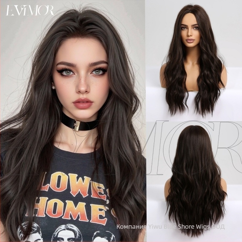 Парик с естествен стил, модел LC179-4, термоустойчива нишка, средно дълги къдрици, матово копринено покритие, еластична мрежа