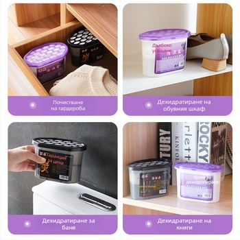 Десикант с активен въглен за контрол на влажността в помещения — опаковано в кутия, хоризонтално полагане, зима 2025