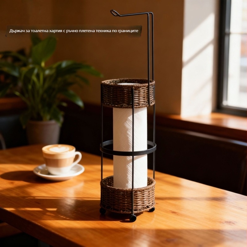Ръчно плетен държач за хартиени кърпи за баня и кухня, вертикален монтаж без пробиване, подвижен, кръгла форма, от PE гумен ратан и въглеродна стомана