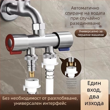 Разклонителен клапан за пералня – без разглобяване, бързо свързване, 3-ходов, 1:2 разделител, неръждаема стомана, керамичен диск, повърхност с четка, Watermark сертифициран