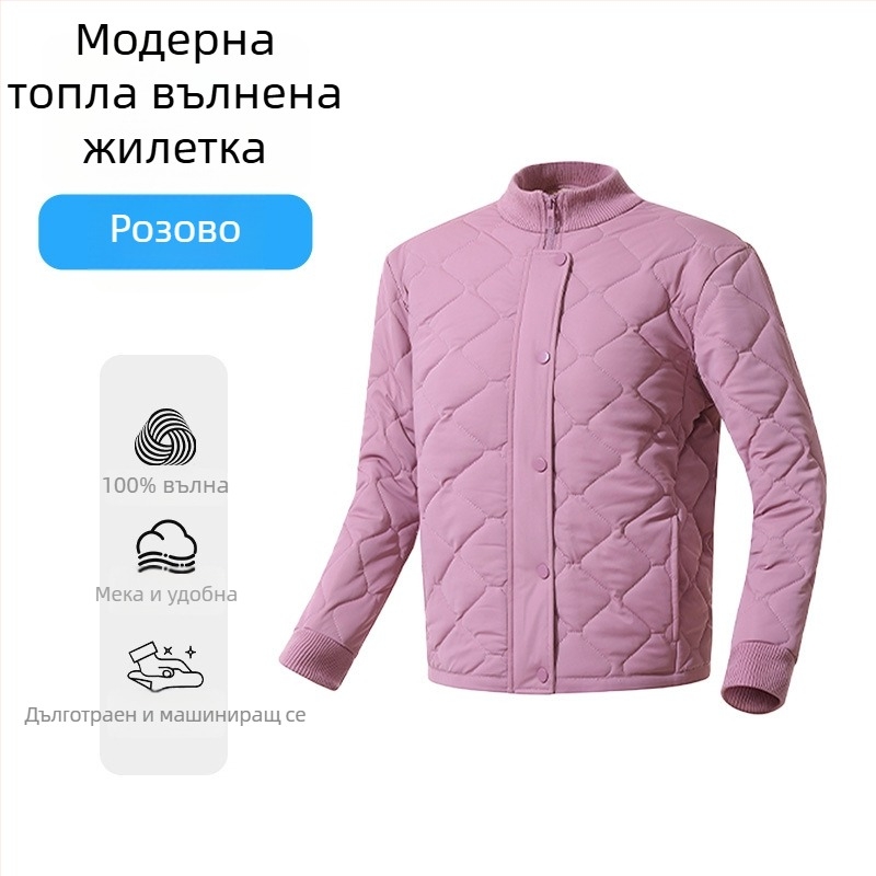 Кардиган-яке от вълна; пълнеж 100% вълна; полиестер с еластан; шарки: райета/каре; стояща яка