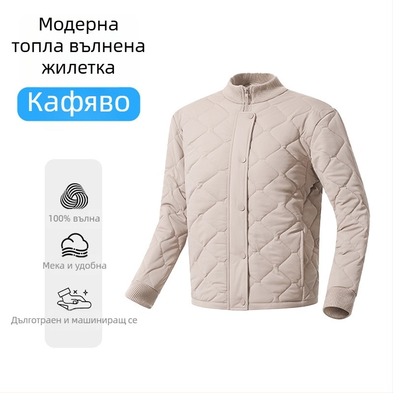 Кардиган-яке от вълна; пълнеж 100% вълна; полиестер с еластан; шарки: райета/каре; стояща яка