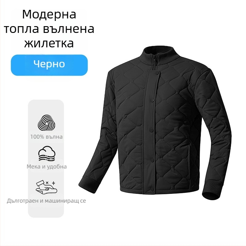 Кардиган-яке от вълна; пълнеж 100% вълна; полиестер с еластан; шарки: райета/каре; стояща яка