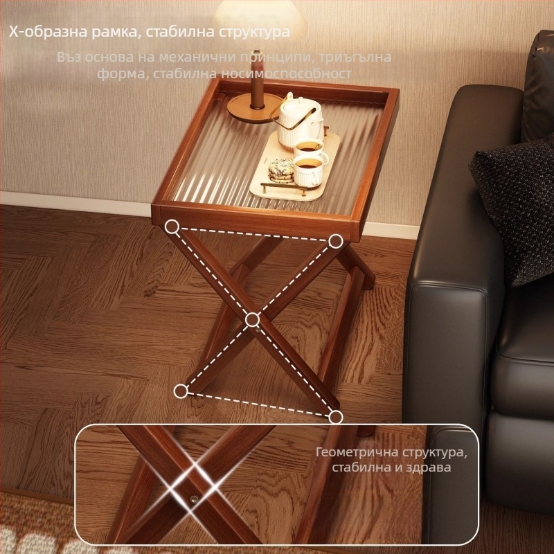 Сгъваема странична масичка от бамбук с акрилен плот – модерен минималистичен стил, рамка от бамбук, MDF панел, подходяща за лаптоп