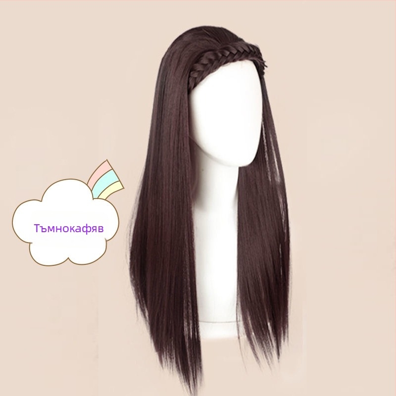 Перука за жени, дълга права коса, плитка и лента за глава в U-образна форма, модел 870, високотемпературно влакно