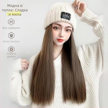 Дълга права перука с плетена шапка, корейски стил, пълно покритие на главата, пухкава коса, естествен вид