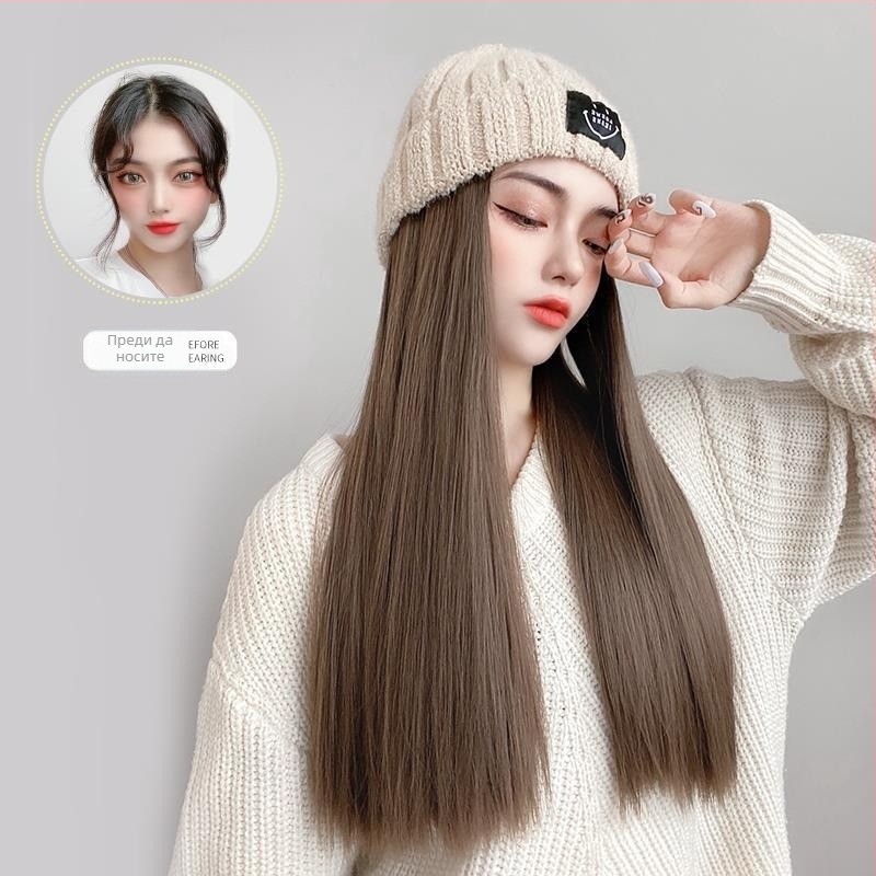 Дълга права перука с плетена шапка, корейски стил, пълно покритие на главата, пухкава коса, естествен вид