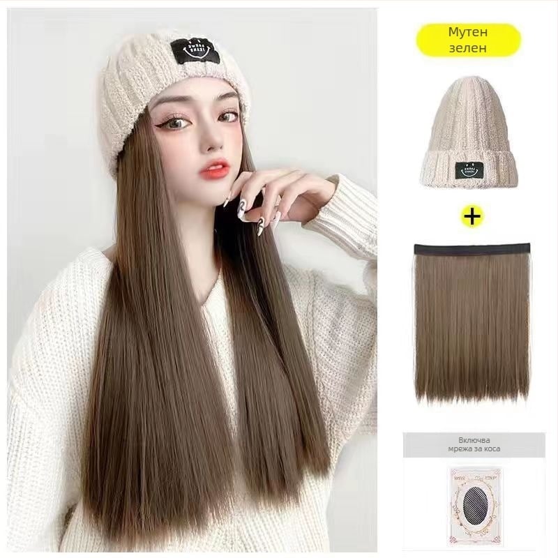 Дълга права перука с плетена шапка, корейски стил, пълно покритие на главата, пухкава коса, естествен вид