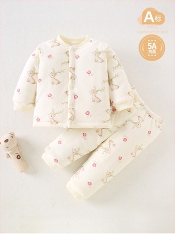 Beibeima Зимно бебешко облекло, двупартиен комплект за новородени, дебело топло полиестерно облекло, дълги ръкави, карикатурен принт