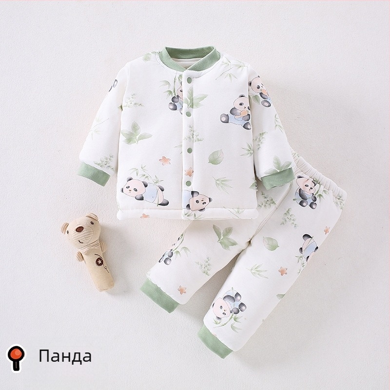 Beibeima Зимно бебешко облекло, двупартиен комплект за новородени, дебело топло полиестерно облекло, дълги ръкави, карикатурен принт