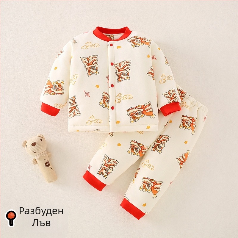 Beibeima Зимно бебешко облекло, двупартиен комплект за новородени, дебело топло полиестерно облекло, дълги ръкави, карикатурен принт