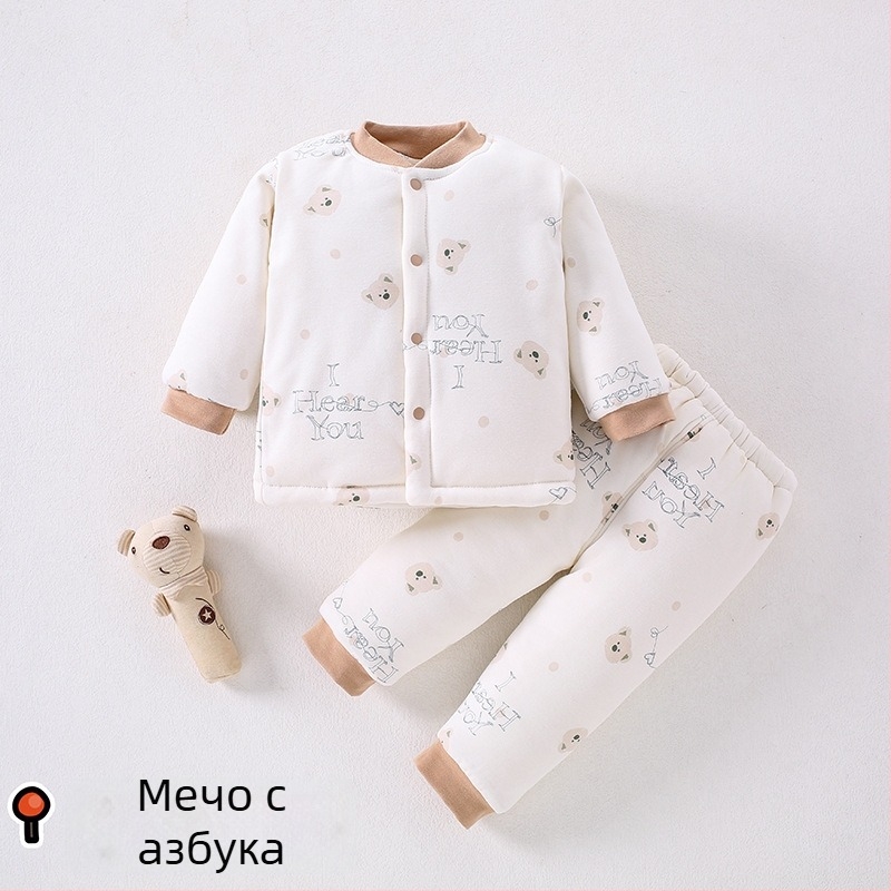 Beibeima Зимно бебешко облекло, двупартиен комплект за новородени, дебело топло полиестерно облекло, дълги ръкави, карикатурен принт