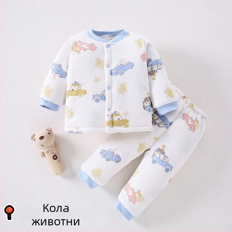 Beibeima Зимно бебешко облекло, двупартиен комплект за новородени, дебело топло полиестерно облекло, дълги ръкави, карикатурен принт