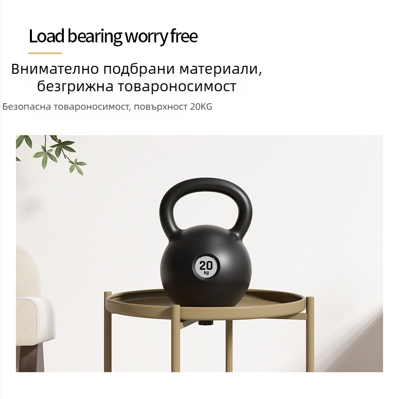 Странична масичка за диван, метална конструкция, повърхност от ковано желязо, кръгла форма, пространство за съхранение, сгъваема