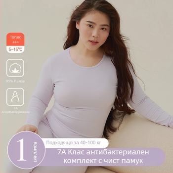 Дамски термо комплект: горнище и долнище за базов слой, памук, умерена плътност 181–200 г/м², кръгло деколте, дълги ръкави, еднослоен