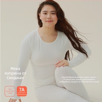 Дамски термо комплект: горнище и долнище за базов слой, памук, умерена плътност 181–200 г/м², кръгло деколте, дълги ръкави, еднослоен