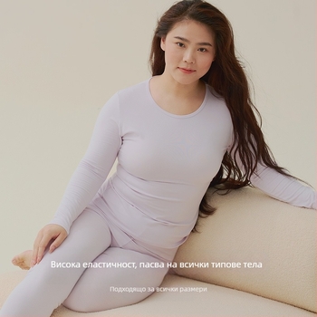 Дамски термо комплект: горнище и долнище за базов слой, памук, умерена плътност 181–200 г/м², кръгло деколте, дълги ръкави, еднослоен
