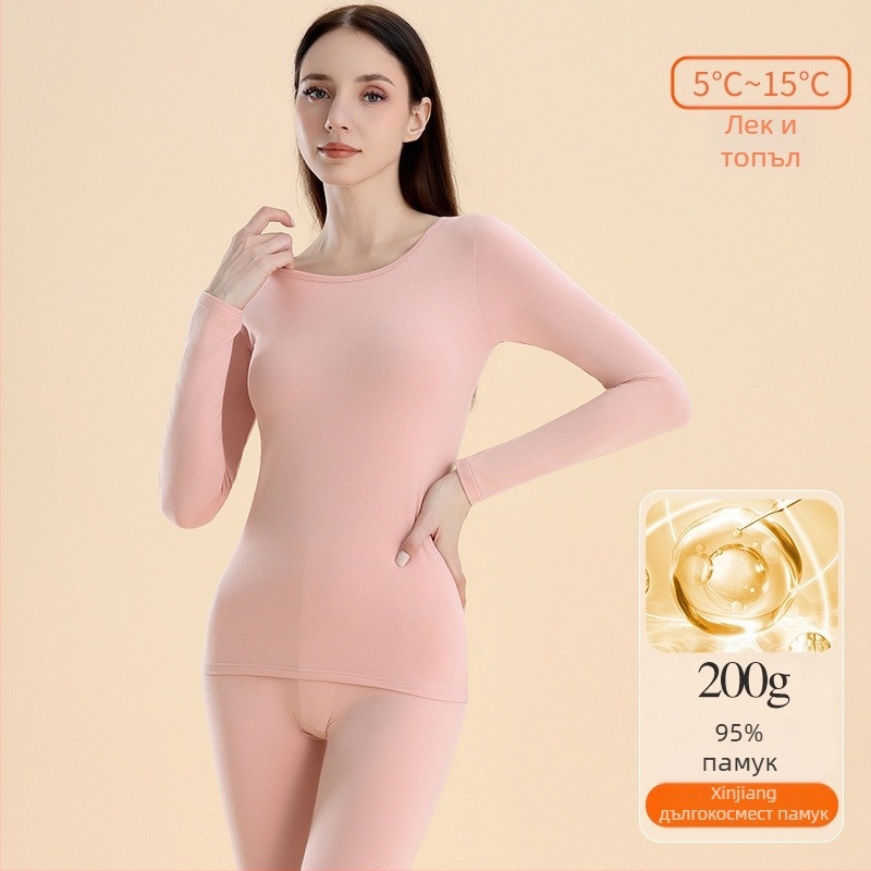 Дамски термо комплект: горнище и долнище за базов слой, памук, умерена плътност 181–200 г/м², кръгло деколте, дълги ръкави, еднослоен