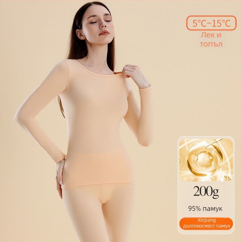 Дамски термо комплект: горнище и долнище за базов слой, памук, умерена плътност 181–200 г/м², кръгло деколте, дълги ръкави, еднослоен