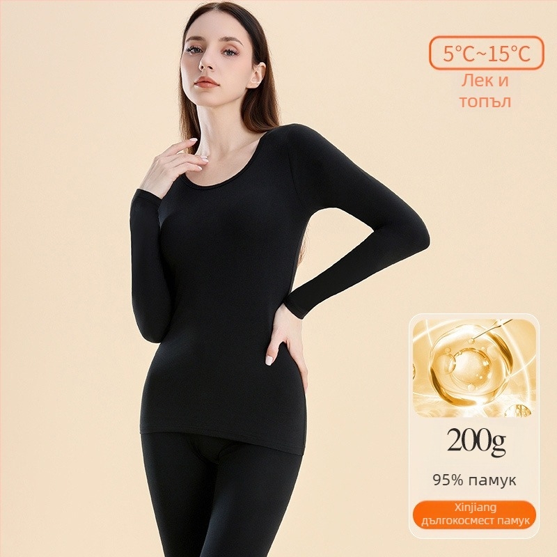 Дамски термо комплект: горнище и долнище за базов слой, памук, умерена плътност 181–200 г/м², кръгло деколте, дълги ръкави, еднослоен