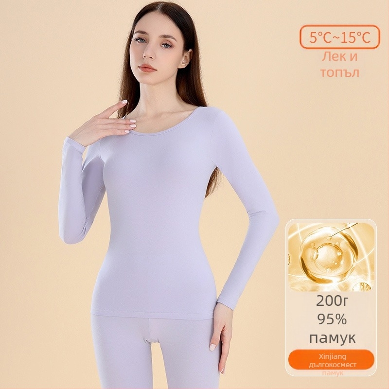 Дамски термо комплект: горнище и долнище за базов слой, памук, умерена плътност 181–200 г/м², кръгло деколте, дълги ръкави, еднослоен