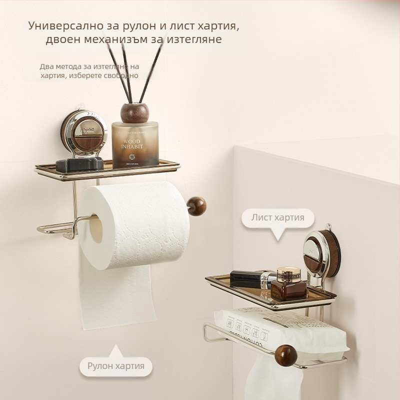 Държач за ролка хартиена кърпа за баня, стенен монтаж, без пробиване с вакуумна чашка, пластмасов, мултифункционален