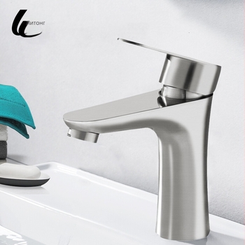 Смесител за баня за умивалник, неръждаема стомана, едноотверстие, гореща/студена вода, керамичен картридж, диапазон 0–80°C