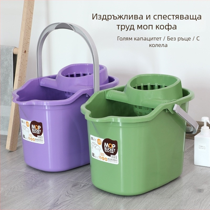 Кофа за моп с колела и усукващ механизъм за изцеждане; удебелена пластмаса, кош за отцеждане; корозионна устойчивост ниво 10, товароподемност над 10 кг, изцеждане 70–80%