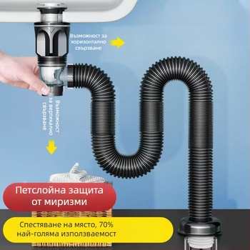 Комплект за дренаж на мивка за баня с предпазване от миризми, ABS материал, форма P-бенд, тип Flip, модел Brushed horizontal row, марка Long Whale