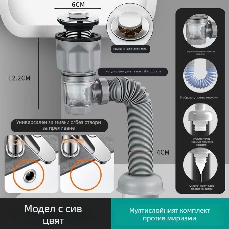 Комплект за дренаж на мивка за баня с предпазване от миризми, ABS материал, форма P-бенд, тип Flip, модел Brushed horizontal row, марка Long Whale