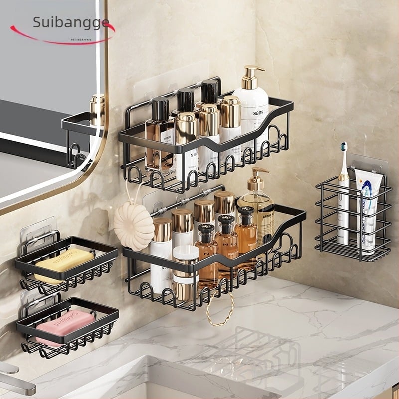 Баня стенен рафт за съхранение – без пробиване, петчастов комплект, карбонова стомана, покритие с глазирана боя, носимост 5 кг