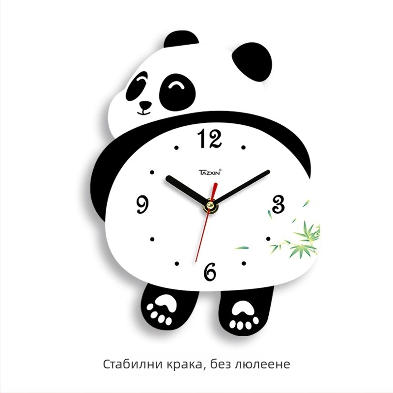 Пандаобразен стенен часовник за дневна стая, плавно движение, батериено захранване, MDF корпус и циферблат, дебелина 45 мм