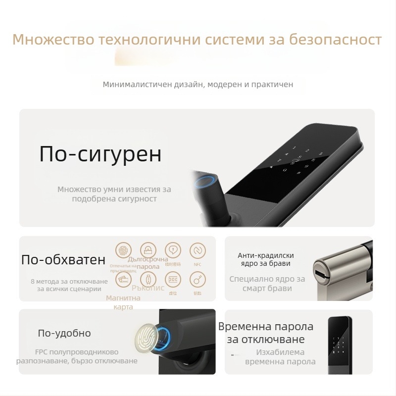 Умна брава с пръстов отпечатък и парола — съхранение на 40 отпечатъка; над 1 000 000 отключвания; време за сканиране <0.1 сек; фалшив приемане <0.001%; фалшиво отхвърляне <1.0%