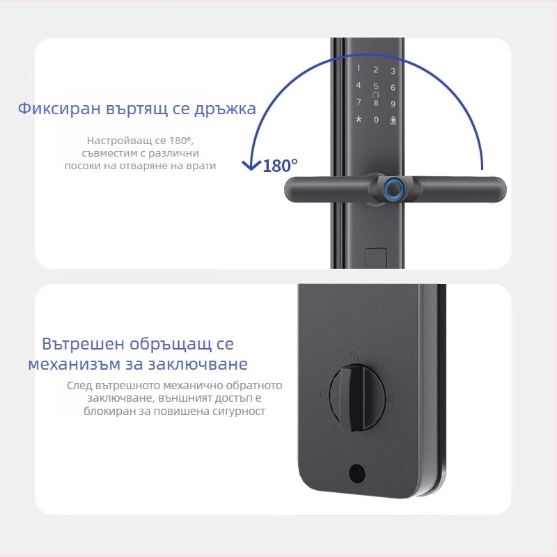 Умна заключваща врата с отпечатък и парола — 40 запаметени отпечатъка; над 1 000 000 отключвания; време за сканиране <0.1 s; фалшиво приемане 0.001%; фалшиво отхвърляне 1.0%