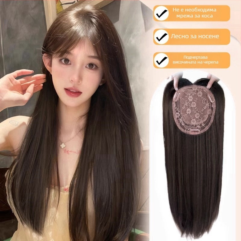 Перука за жени с дълги прави коси — добавка за обем върху върха на главата, без мрежа, машино преплетена, високотемпературна коса, марка Discover Beauty