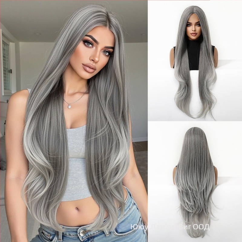 Emmor перука за пълна глава, среден раздел, многослойна, вълнообразна текстура, синтетични коси