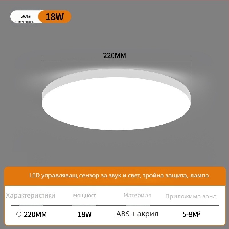 Светодиоден таванен сензорен светилник с гласово управление за коридор и стълбище – 220V, обхват 5-10 м², сензор за движение
