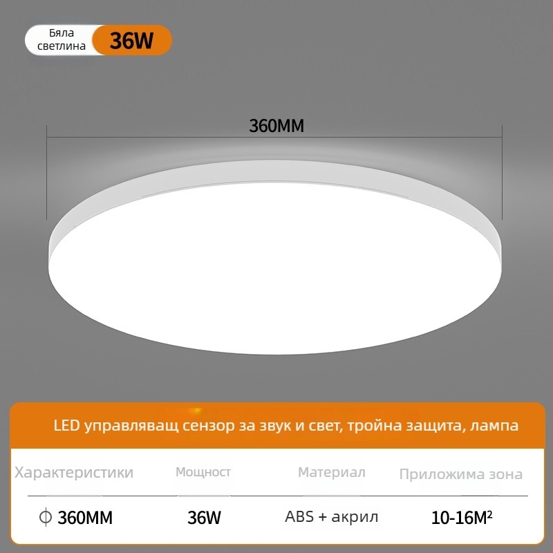 Светодиоден таванен сензорен светилник с гласово управление за коридор и стълбище – 220V, обхват 5-10 м², сензор за движение