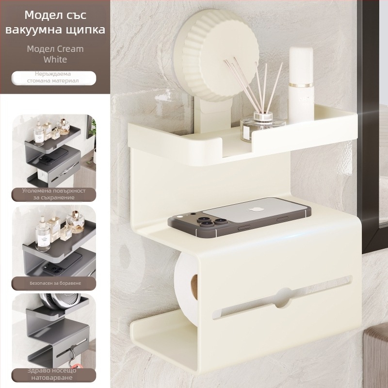 Стенно монтиран държач за тоалетна хартия с вакуумно закрепване без пробив, квадратна рамка от въглеродна стомана, пластмасово покритие, модерен минималистичен стил