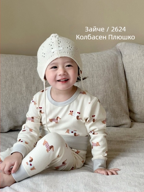 Бебешки топъл памучен комплект за есен и зима, две части (горнище и долнище), еластичен материал, висока талия за защита на корема, пижама за спане