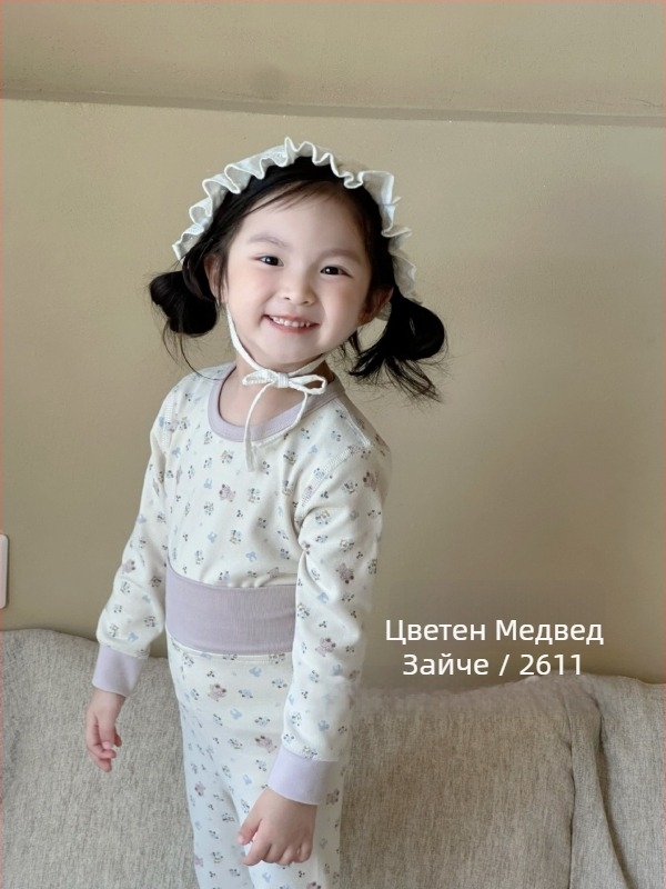 Бебешки топъл памучен комплект за есен и зима, две части (горнище и долнище), еластичен материал, висока талия за защита на корема, пижама за спане