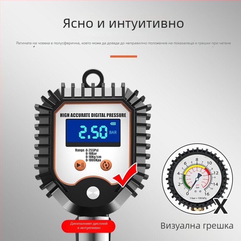 Електронен манометър за автомобилни гуми с дигитален дисплей, надуваем накрайник и изпускателен клапан, висока прецизност, преносим, модел YJ-XA001
